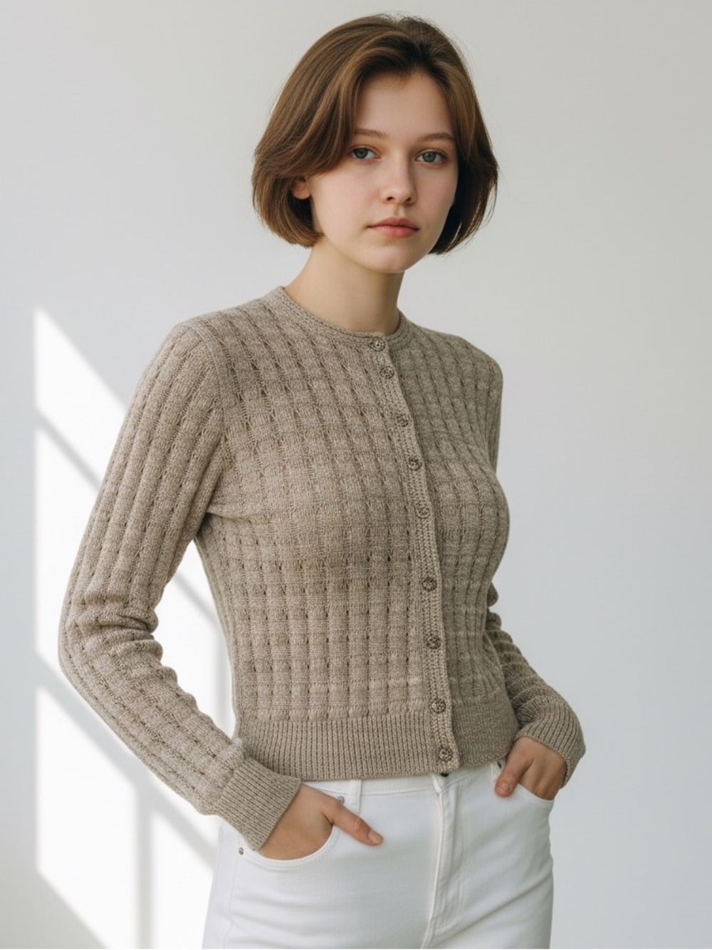 St. John Taupe Ribbed Button-Front Women's Cardigan